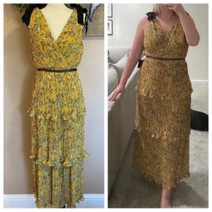 NWOT Lulus Such Sophistication Yellow Floral Print Pleated Maxi Dress